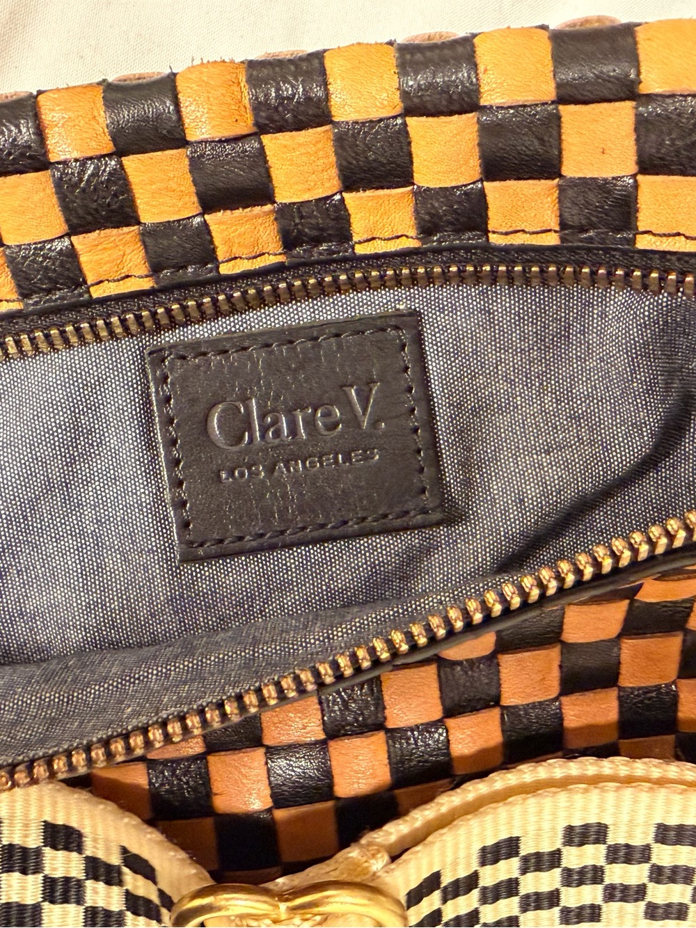 Clare V Woven Leather Crescent Belt Bag in Tan and Black - Picture 2 of 5